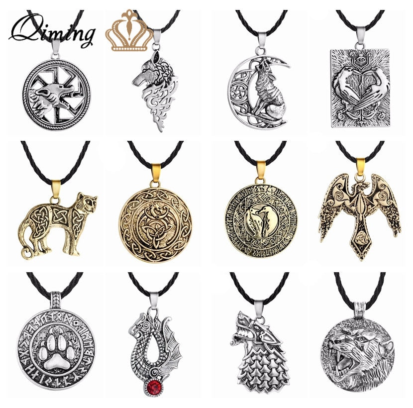 QIMING Viking Wolf Men Necklace Cat Dog Paw Bird Eagle Dragon Pendant Pagan Tibetan Amulet Odin Vintage Animal Necklace Women