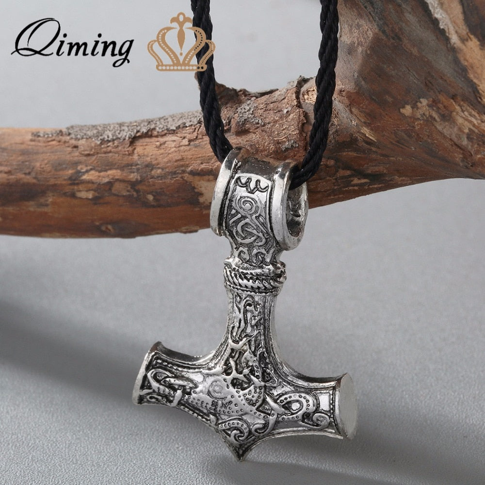 QIMING Vintage Men Jewelry Norse Necklace Viking Thor's Thors Hammer Celtic Knot Wolf Mjolnir Pendant Necklace W