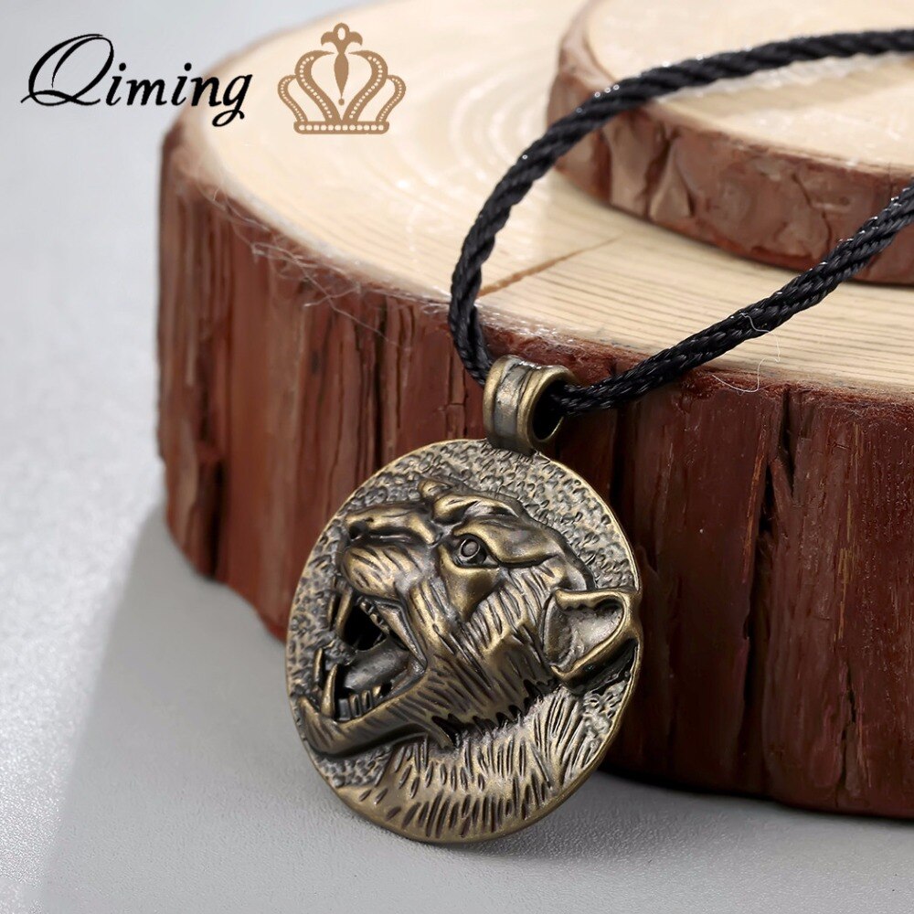 QIMING Vintage Tiger Lion Necklace Men Jewelry Valknut Viking Symbol Panther Head Animal Predator Pendant Necklace Jaguar