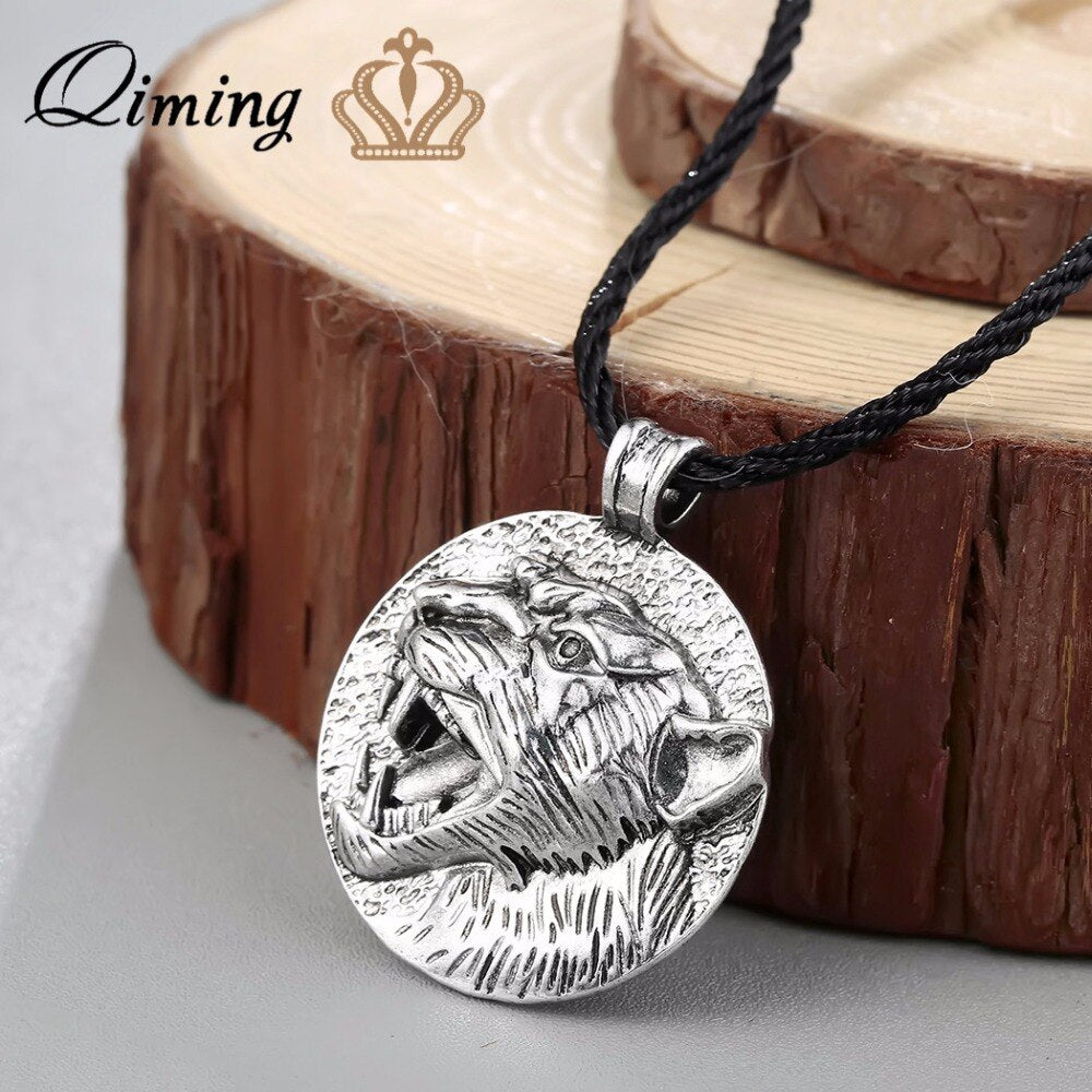 QIMING Vintage Tiger Lion Necklace Men Jewelry Valknut Viking Symbol Panther Head Animal Predator Pendant Necklace Jaguar