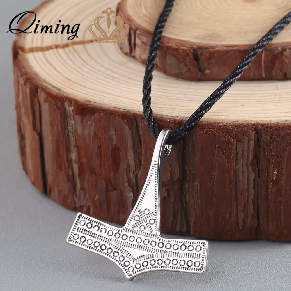 QIMING Vintage Men Jewelry Viking Norse Thor's Hammer Mjolnir Leather Cord Necklace Protection Scandinavian P