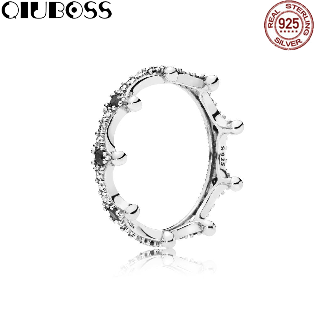 2020 NEW S925 Silver Rings Enchanted Crown Ring, Clear CZ & Black Crystals Fit DIY Charm Original Female pop Jewellery