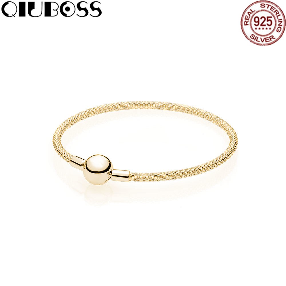 925 Sterling Silver Gold Mesh Bracelet Fit Charms jewelry Women Fashion Gift 596543 586543