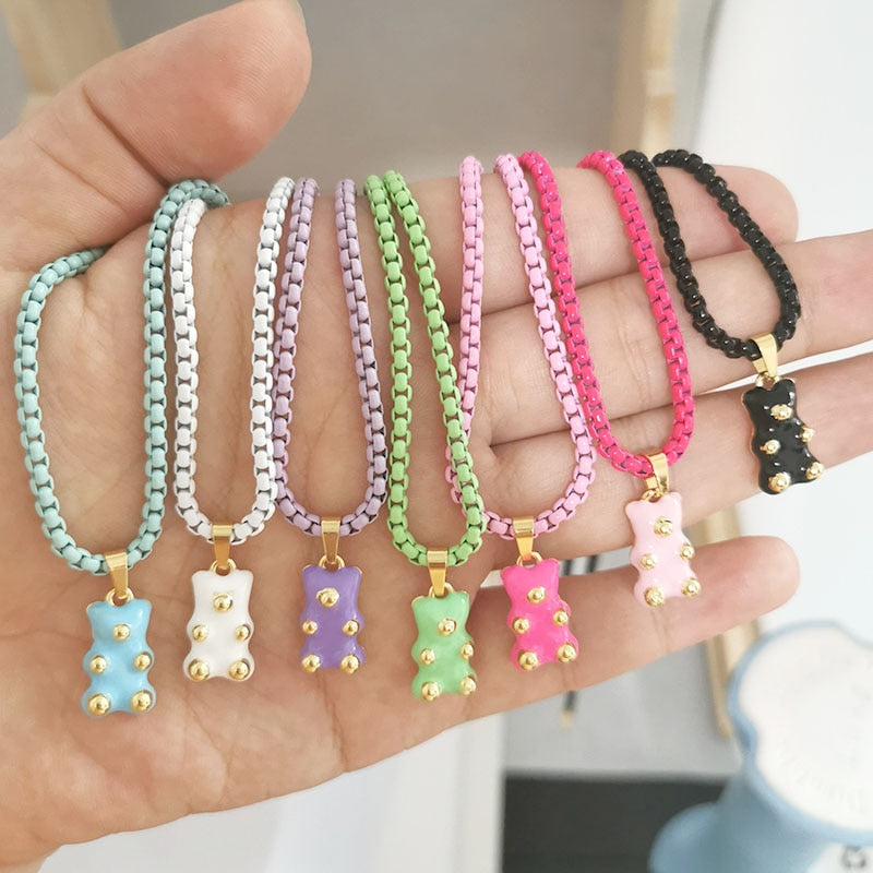 QMHJE Enamel Bear Pendant Charm Necklace for Women Choker Painting Link Chain Candy Colors Yellow Neon Green Rose Black Trendy