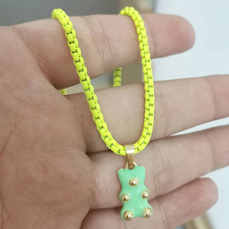 QMHJE Enamel Bear Pendant Charm Necklace for Women Choker Painting Link Chain Candy Colors Yellow Neon Green Rose Black Trendy