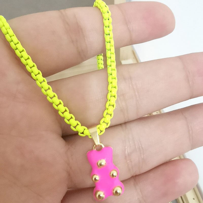 QMHJE Enamel Bear Pendant Charm Necklace for Women Choker Painting Link Chain Candy Colors Yellow Neon Green Rose Black Trendy
