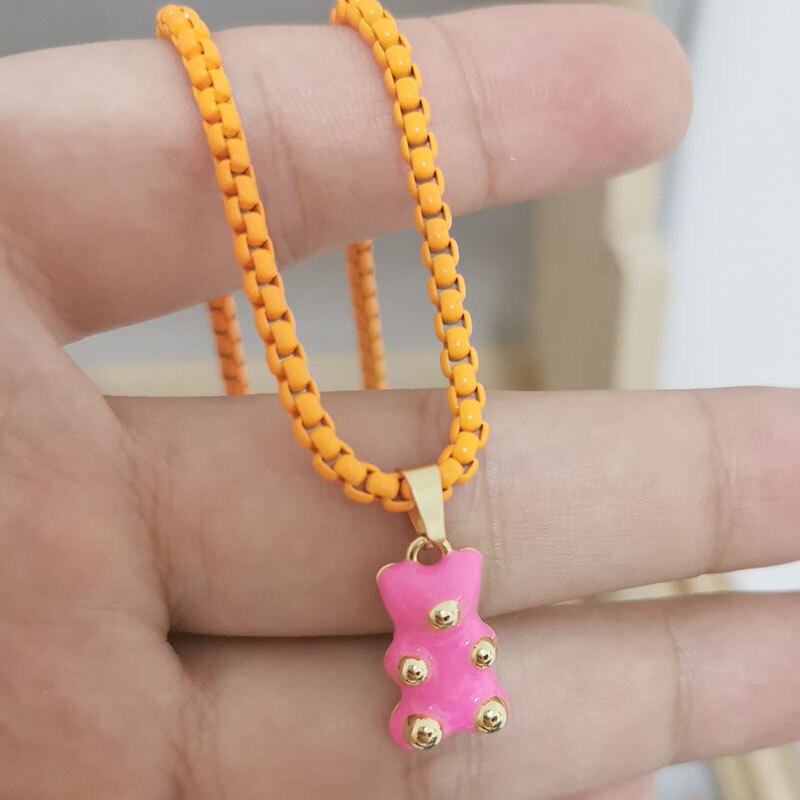 QMHJE Enamel Bear Pendant Charm Necklace for Women Choker Painting Link Chain Candy Colors Yellow Neon Green Rose Black Trendy