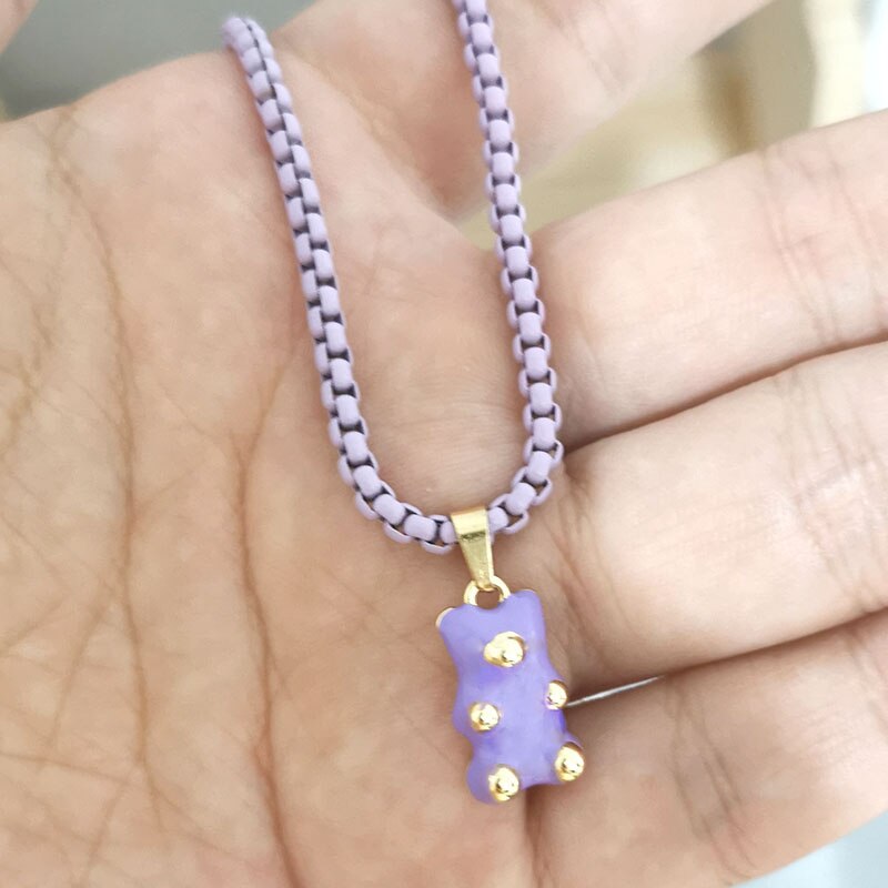 QMHJE Enamel Bear Pendant Charm Necklace for Women Choker Painting Link Chain Candy Colors Yellow Neon Green Rose Black Trendy