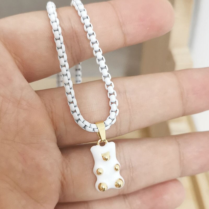 QMHJE Enamel Bear Pendant Charm Necklace for Women Choker Painting Link Chain Candy Colors Yellow Neon Green Rose Black Trendy