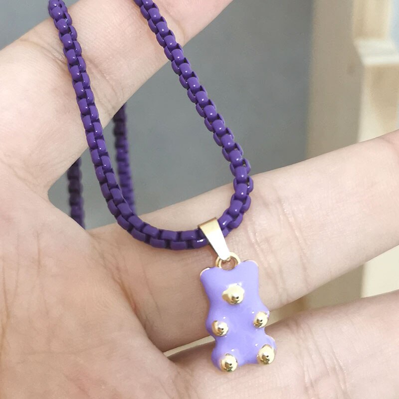 QMHJE Enamel Bear Pendant Charm Necklace for Women Choker Painting Link Chain Candy Colors Yellow Neon Green Rose Black Trendy