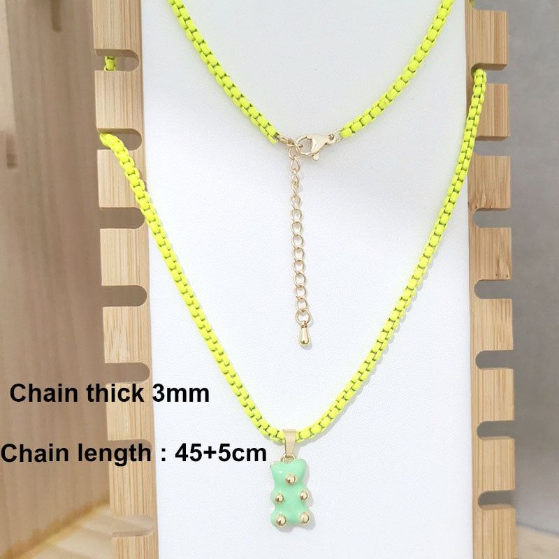 QMHJE Enamel Bear Pendant Charm Necklace for Women Choker Painting Link Chain Candy Colors Yellow Neon Green Rose Black Trendy