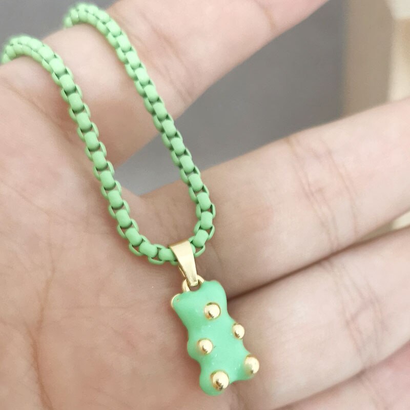 QMHJE Enamel Bear Pendant Charm Necklace for Women Choker Painting Link Chain Candy Colors Yellow Neon Green Rose Black Trendy