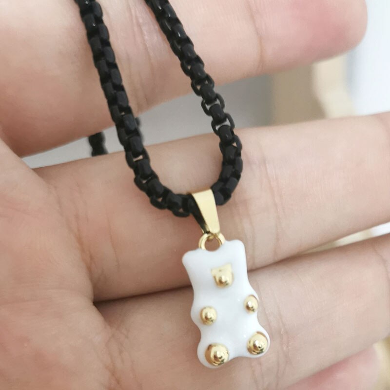 QMHJE Enamel Bear Pendant Charm Necklace for Women Choker Painting Link Chain Candy Colors Yellow Neon Green Rose Black Trendy