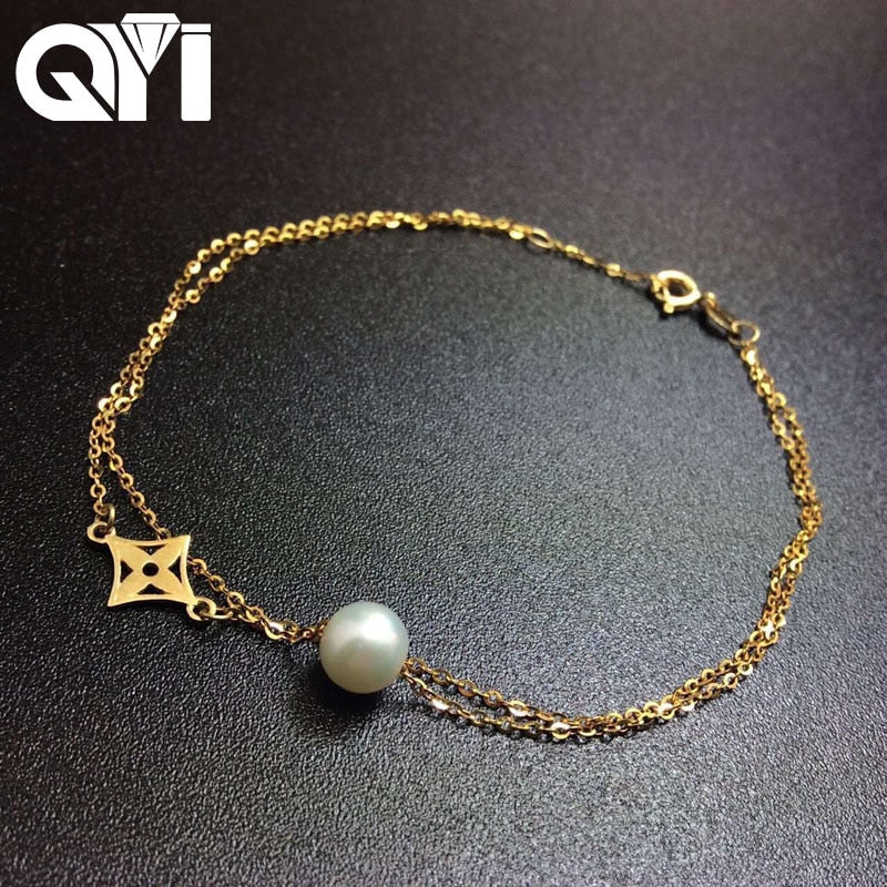 18K Yellow Gold Natural Cultured Pearl Trendy Chain Bracelets Round White Pearl Women Party Jewelry