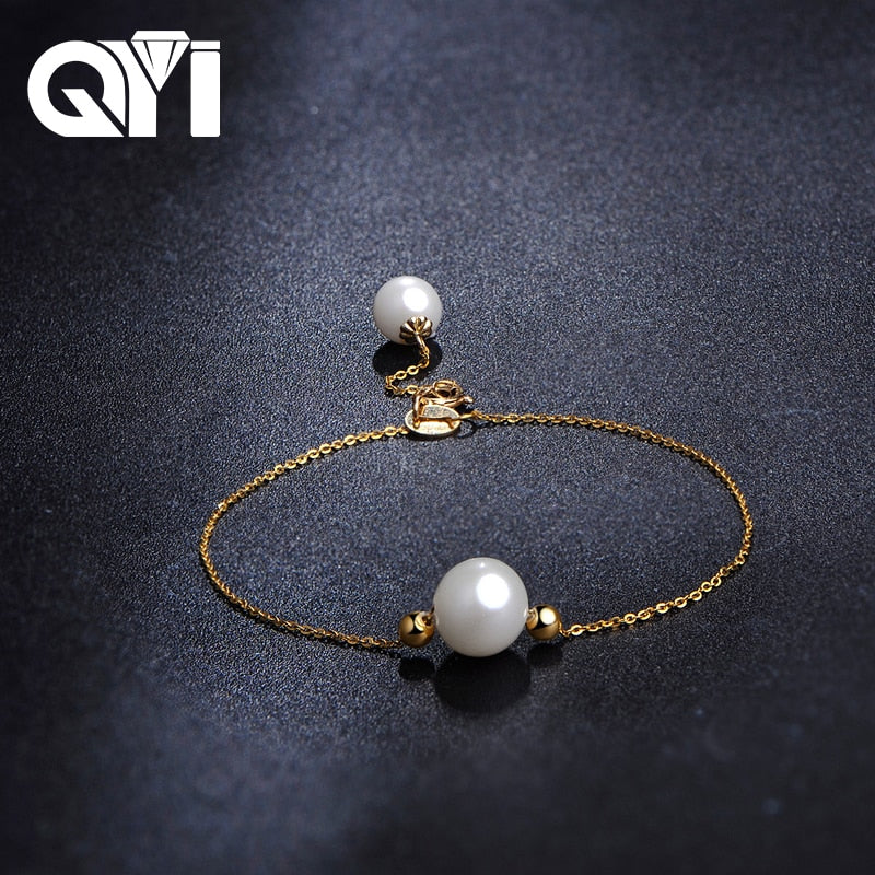 Fashionable Jewelry 18K Yellow Gold Natural Cultured Pearl Trendy Chain Bracelets Round White Pearl