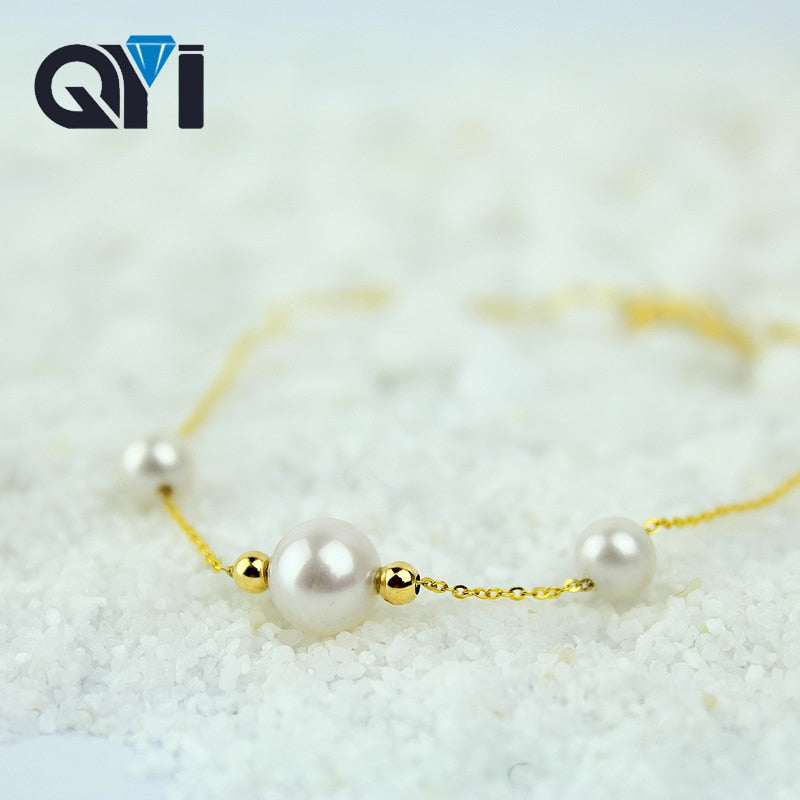 Jewelry Wedding Engagement Bracelet 18K Yellow Gold Natural Cultured Pearl Chain Bracelet Bead Bracelet