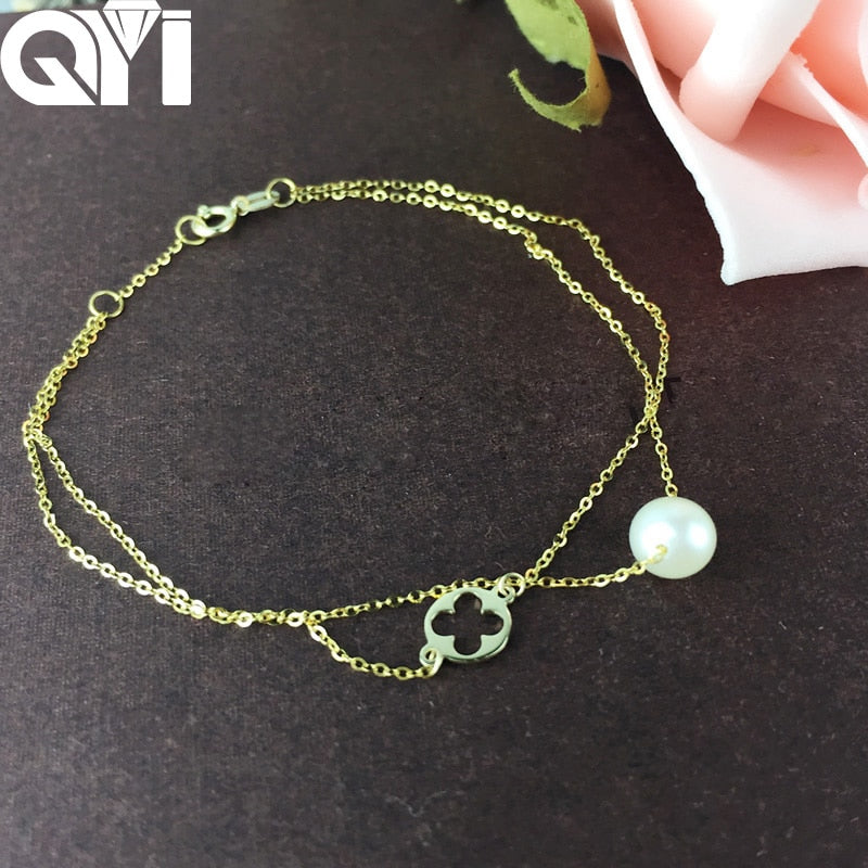 Trendy Chain Bracelets 18K Yellow Gold Natural Cultured Pearl Round White Pearl Women Party Jewelry