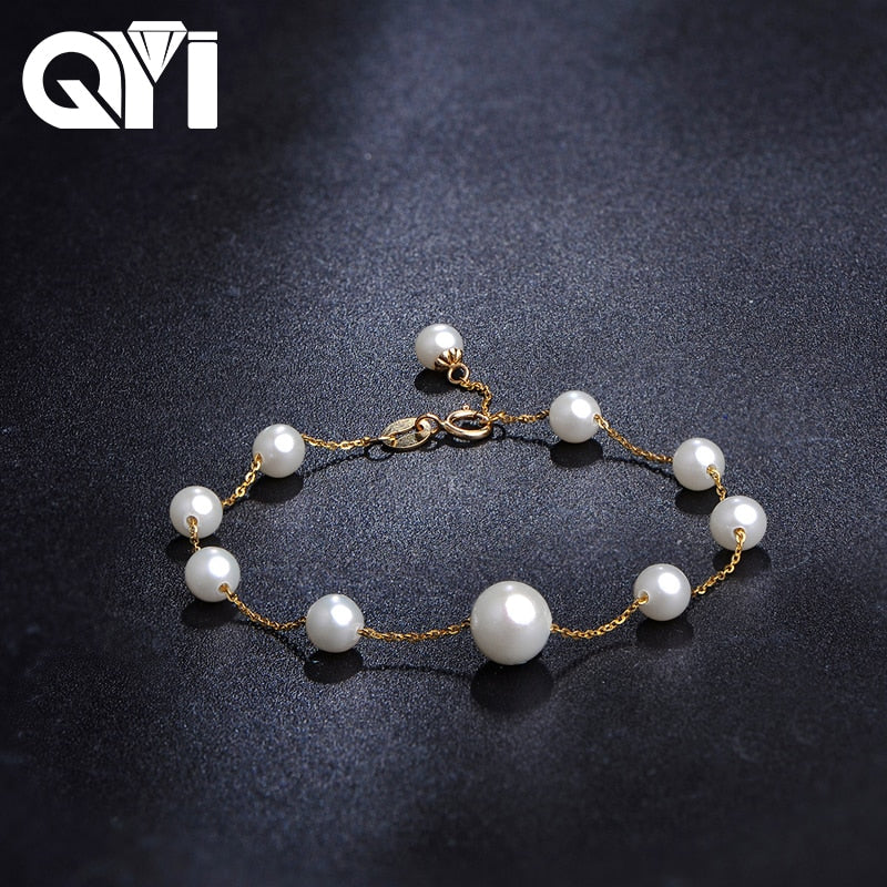 Women Gold Chain Link Bracelet 18K Yellow Gold Natural Cultured Pearl Charm Bracelet Bangles Wedding Jewelry