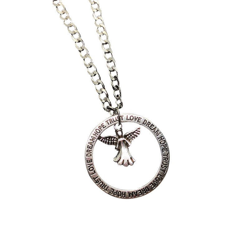 QiLuxy Vintage Circle Charm Necklaces for Women Men Alien Angel Punk Pendant Necklaces Hip Hop Party Jewelry