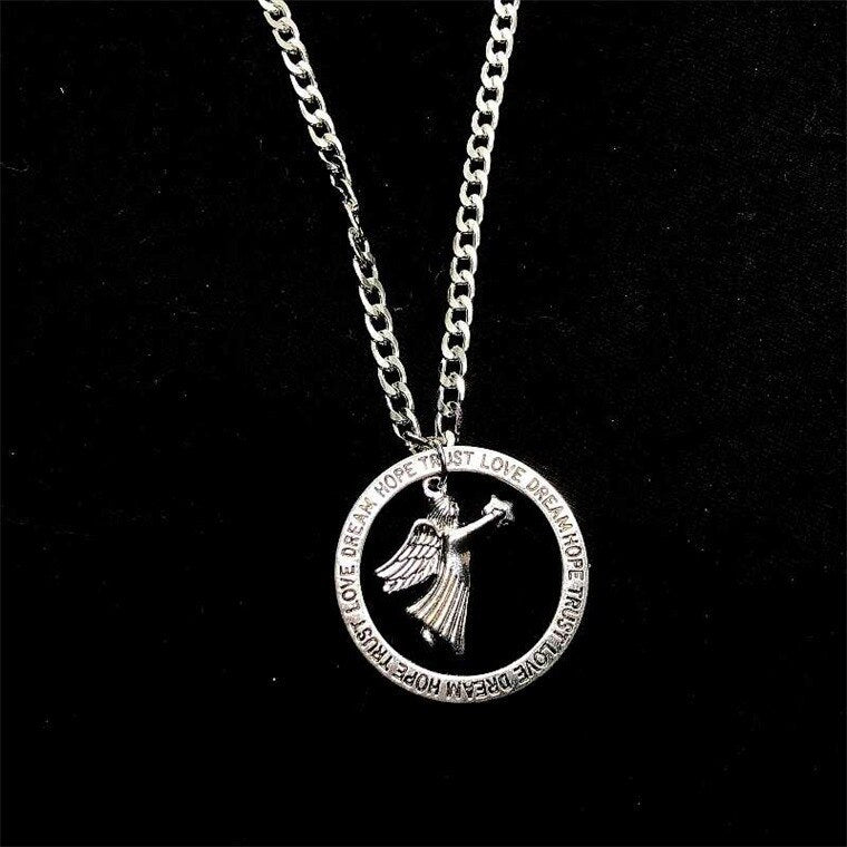 QiLuxy Vintage Circle Charm Necklaces for Women Men Alien Angel Punk Pendant Necklaces Hip Hop Party Jewelry