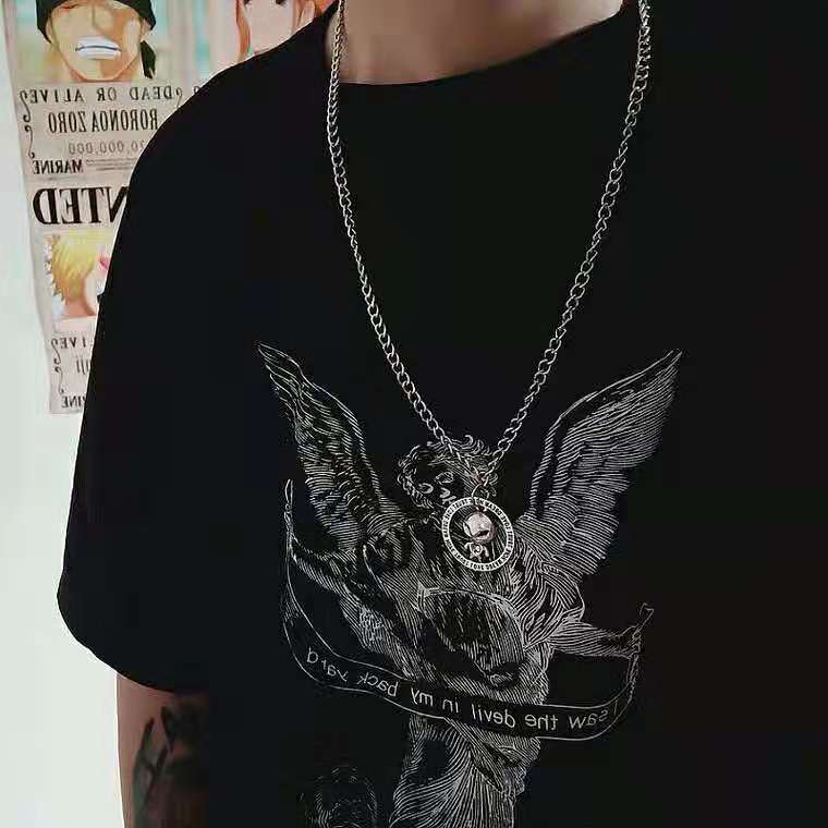 QiLuxy Vintage Circle Charm Necklaces for Women Men Alien Angel Punk Pendant Necklaces Hip Hop Party Jewelry