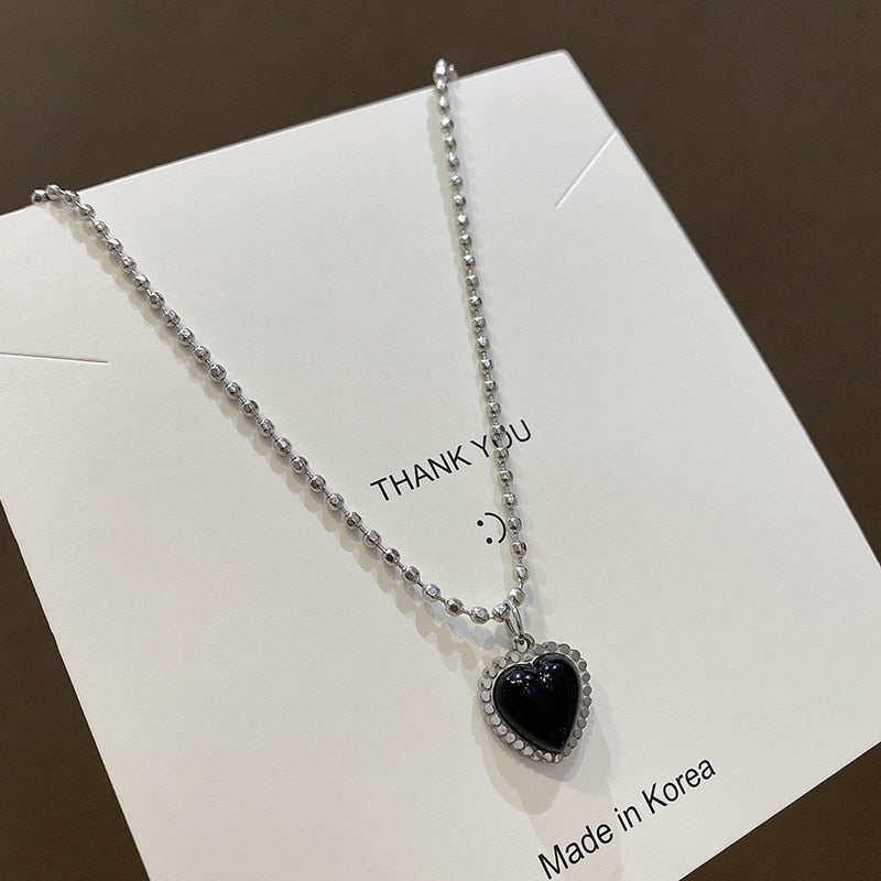 QiLuxy Stainless Steel Chain Heart Pendant Necklaces for Women Black Heart Charm Choker Simple Korean Necklaces Female Jewelry