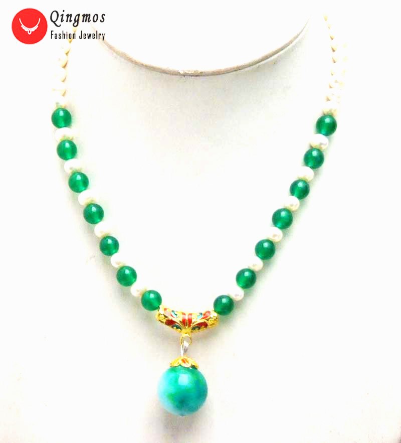 6-7mm White Round Natural Pearl Necklace for Women with 20mm Blue Turquoises Beads Pendant Necklace Chokers Jewelry 6301