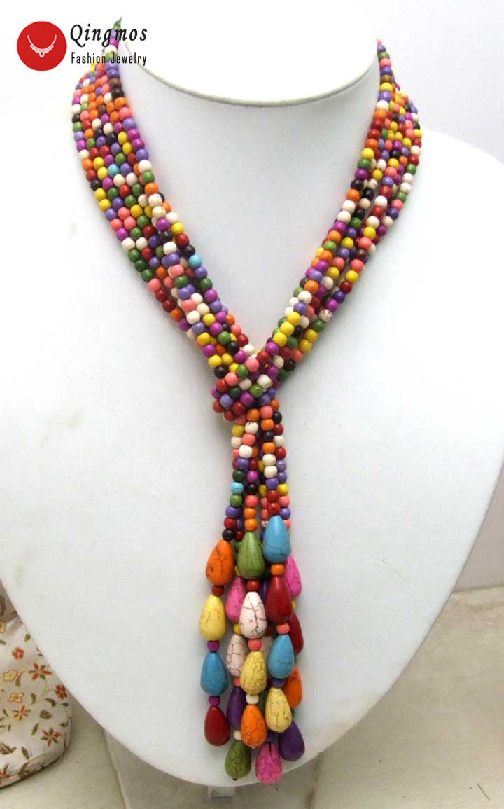 LONG 45 Multicolor Sweater Necklace for Women with Natural 4mm Round Turquoises Stone Beads NECKLACE-nec5668