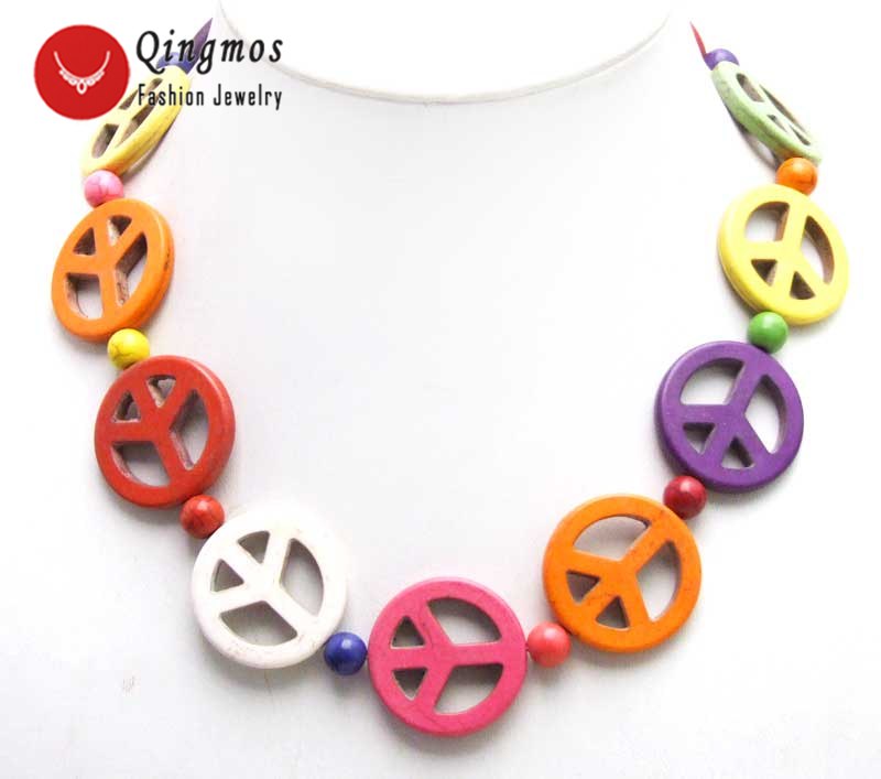 Trendy 18'' Multicolor Turquoises Chokers Necklace For Women & 30mm Round Peace Sign Turquoises Necklace -5572 Free Ship