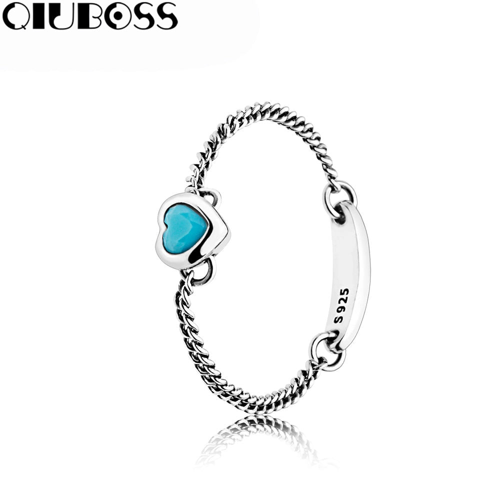 100% 925 Sterling Silver Spirited Heart Ring, Cyan Blue Crystal Fit DIY Original Jewelry Summer Creative Woman Gift