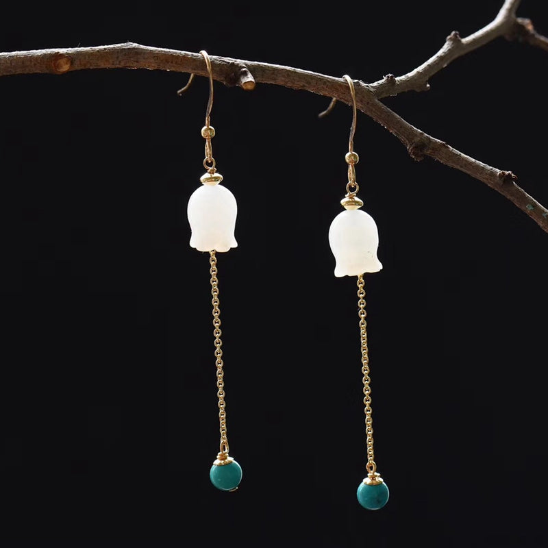 Quality 14K gold natural hetian jade turquoise tassel drop earrings elegant water design earrings for women fashion jewelry gift