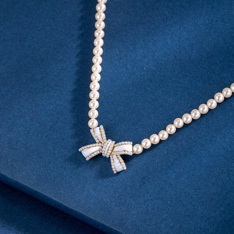 Quality Bow Pearl Jewelry Summer Pearl Layered Necklace Love Gifts For Women Heart Silver Chain