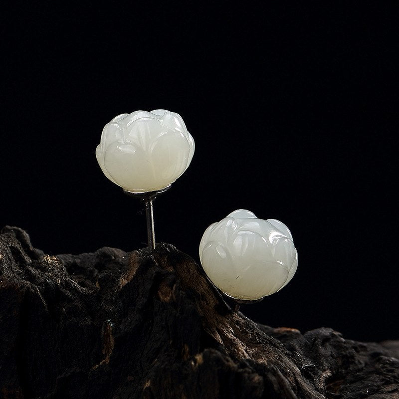 Quality hetian jade earrings 925 sterling silver white jade lotus stud earrings High-end wild earrings women charm silve jewelry
