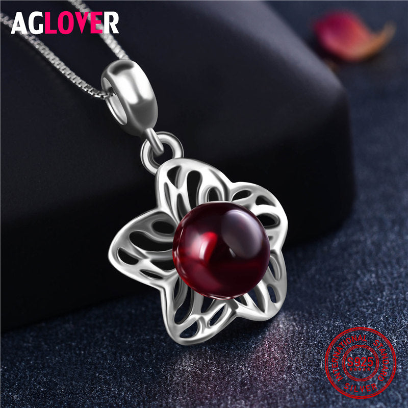 Queen Fashion Solid 925 Sterling Silver Women Flower Star Necklace with Cubic Zircon Ladies Pendant Necklaces Wedding Jewelry