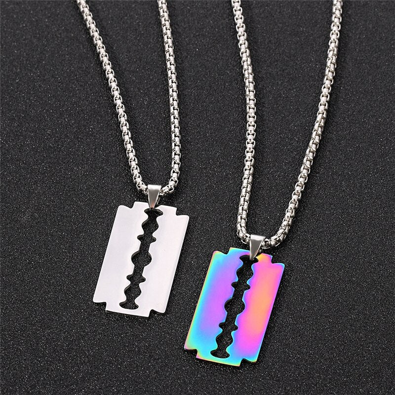 Quenching  Silver Color Stainless Steel Razor Blades Pendant Necklaces Men Jewelry Steel Male Shaver Shape Necklace
