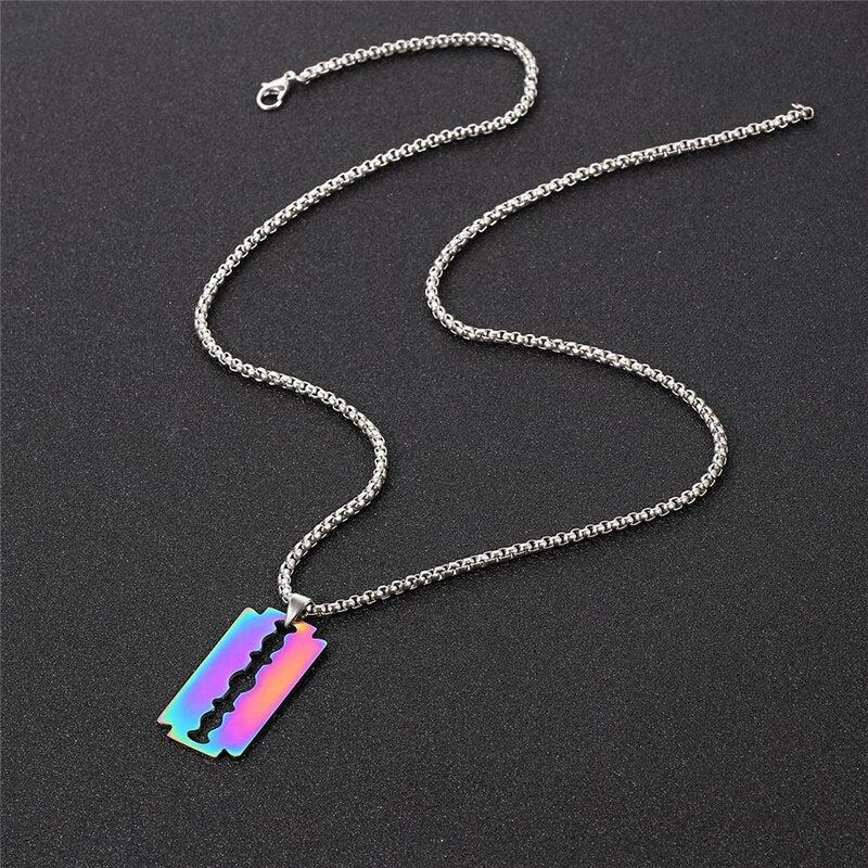 Quenching  Silver Color Stainless Steel Razor Blades Pendant Necklaces Men Jewelry Steel Male Shaver Shape Necklace