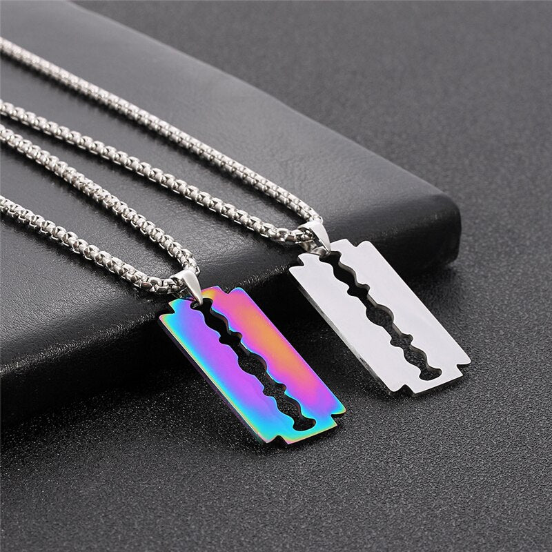 Quenching  Silver Color Stainless Steel Razor Blades Pendant Necklaces Men Jewelry Steel Male Shaver Shape Necklace
