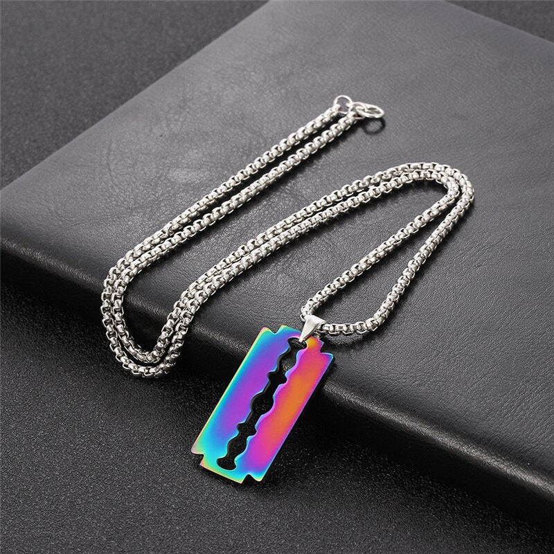 Quenching  Silver Color Stainless Steel Razor Blades Pendant Necklaces Men Jewelry Steel Male Shaver Shape Necklace