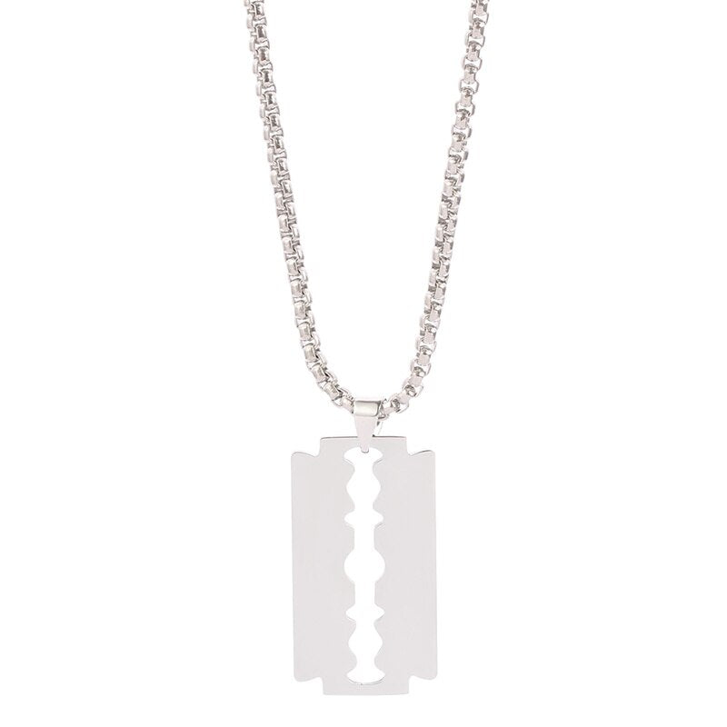 Quenching  Silver Color Stainless Steel Razor Blades Pendant Necklaces Men Jewelry Steel Male Shaver Shape Necklace