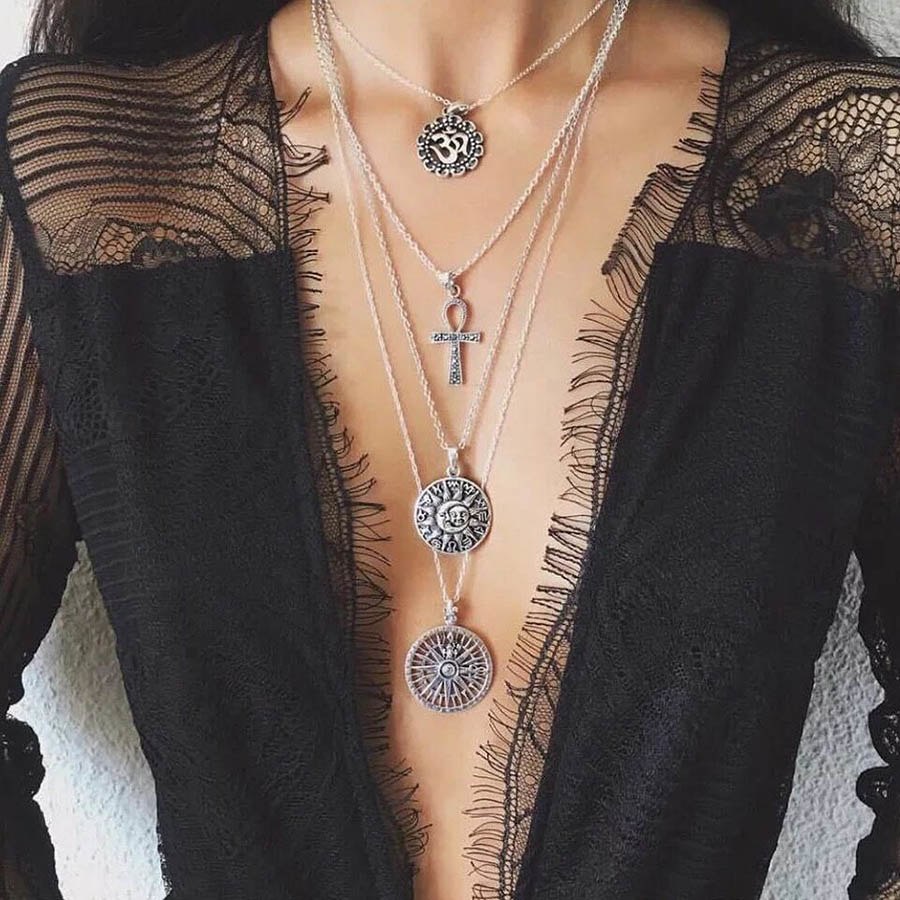 19Style Boho Necklaces for Women Vintage Silver Chain Long Waves Sun Statement Necklace Pendant Bohemian Choker Jewelry