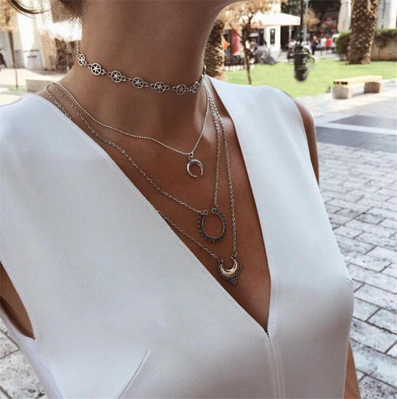 19Style Boho Necklaces for Women Vintage Silver Chain Long Waves Sun Statement Necklace Pendant Bohemian Choker Jewelry