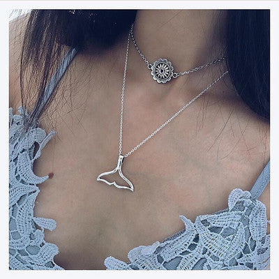 19Style Boho Necklaces for Women Vintage Silver Chain Long Waves Sun Statement Necklace Pendant Bohemian Choker Jewelry