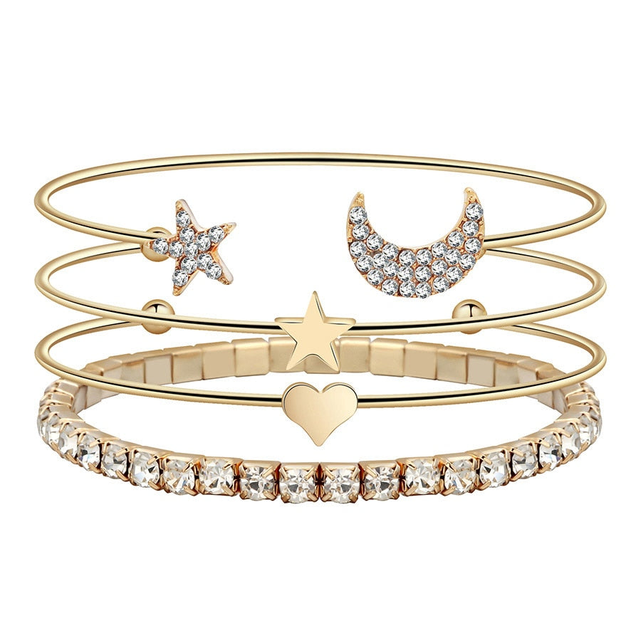 4pcs Bracelet Sets Indian Love Bangles Moon Star Cuff Bracelets for Women Jewelry Crystal Gold Silver Punk Charms 2020
