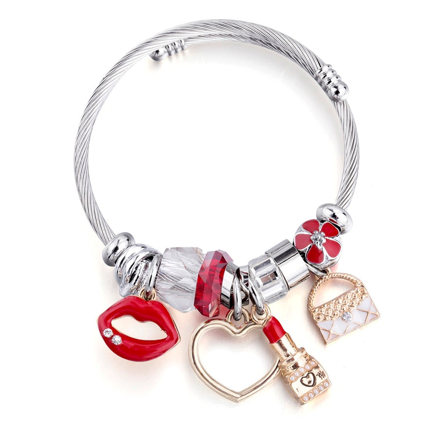Charms Women Bracelet Silver Color Chain Red Lips Big Heart Crystal Bead Female Cuff Bracelets & Bangles Jewelry Gift