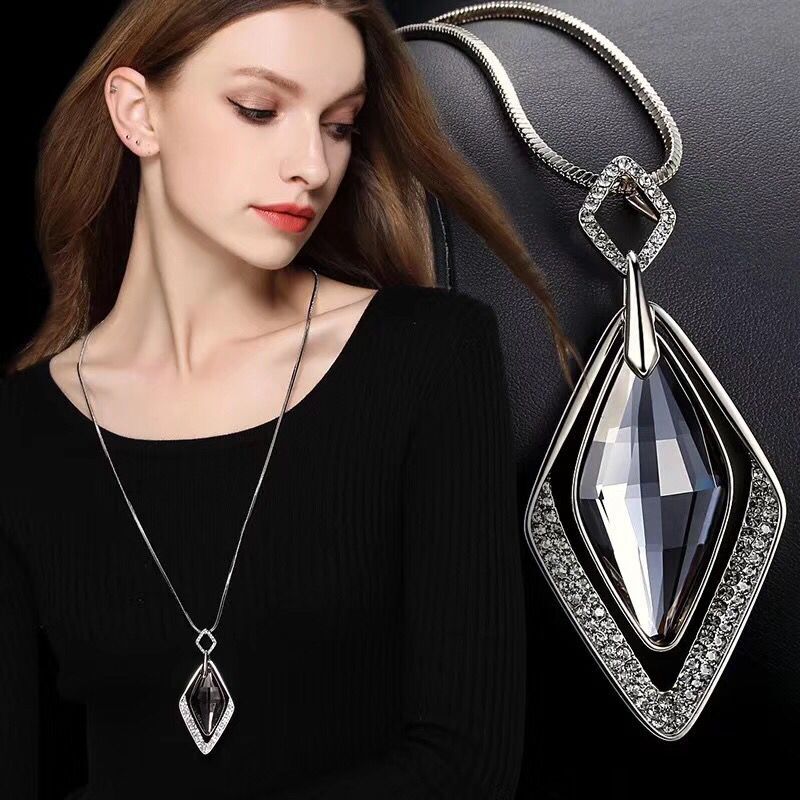 Fashion Choker Women Necklace Jewelry Geometric Crystal Statement Pendant Necklace Silver Color Long Chain Colar 2020