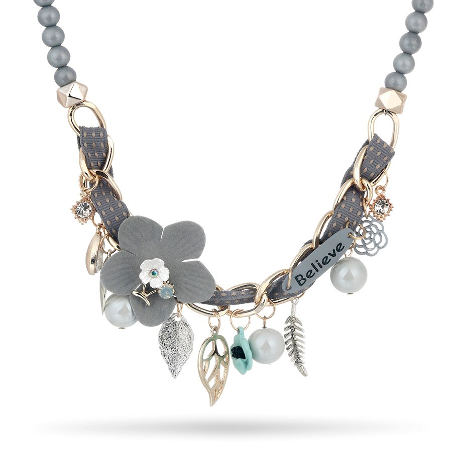 RAVIMOUR Maxi Choker Believe Necklace for Women Fashion Flower Leaf Created Pearl Jewelry Vintage Bead Chain Statement Collar