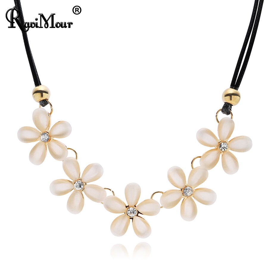 RAVIMOUR Opal Flower Choker Women Necklace Trendy Korean Style Black Leather Cord Chain Collier Femme Bijoux Gift for Girls 2021