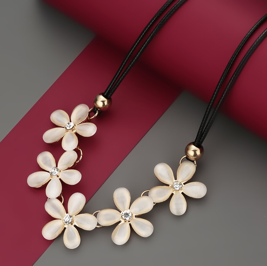 RAVIMOUR Opal Flower Choker Women Necklace Trendy Korean Style Black Leather Cord Chain Collier Femme Bijoux Gift for Girls 2021