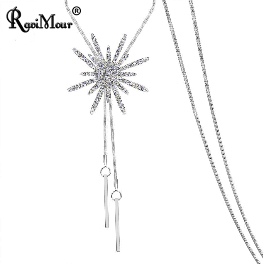 Silver Color Chain Long Women Necklace Pendant Big Star Rhinestone Kolye Female Jewelry Sweater Accessories Choker 2020
