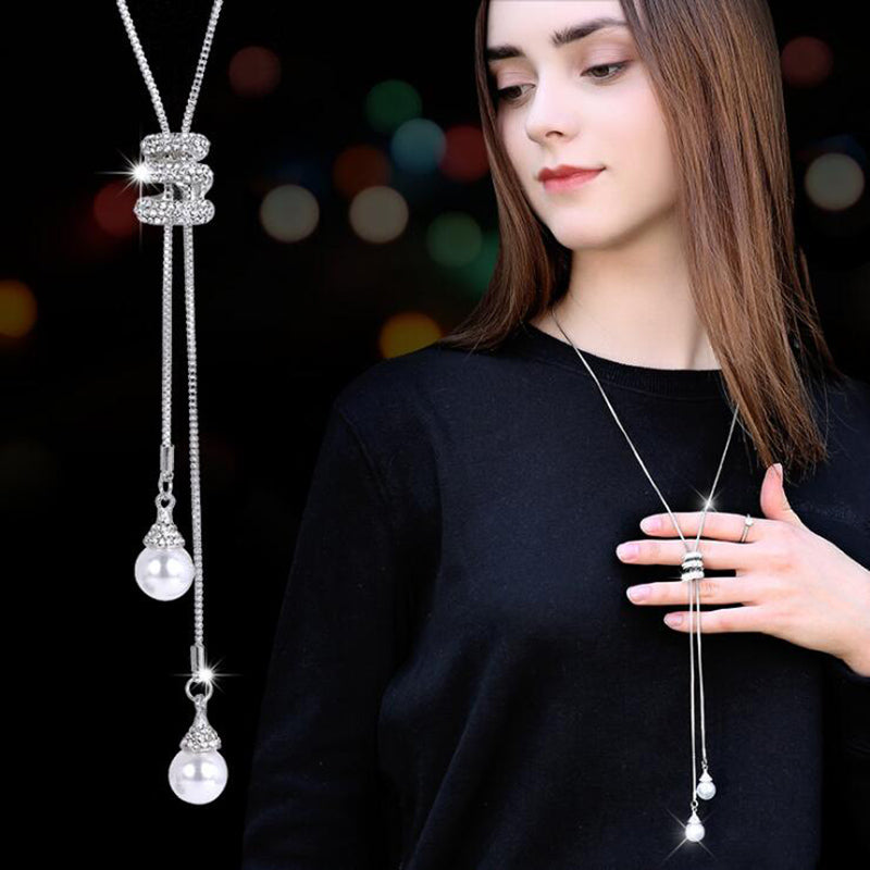 Simulated Pearl Choker Necklaces for Women Silver Color Chain Long Necklace Pendant Jewelry Accessories Trendy Kolye